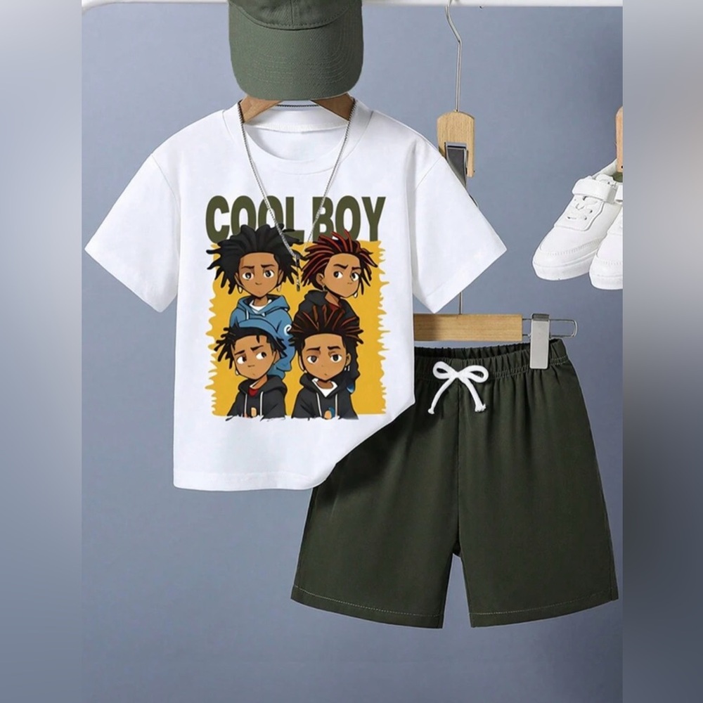 White Graphic Tee and Green Shorts Set